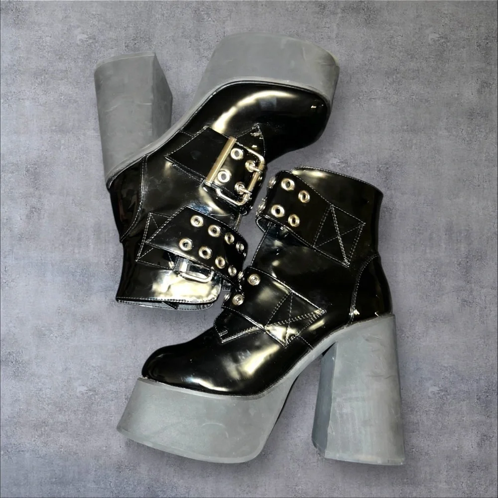 Black Platform Boots‎ with Buckle Detail
